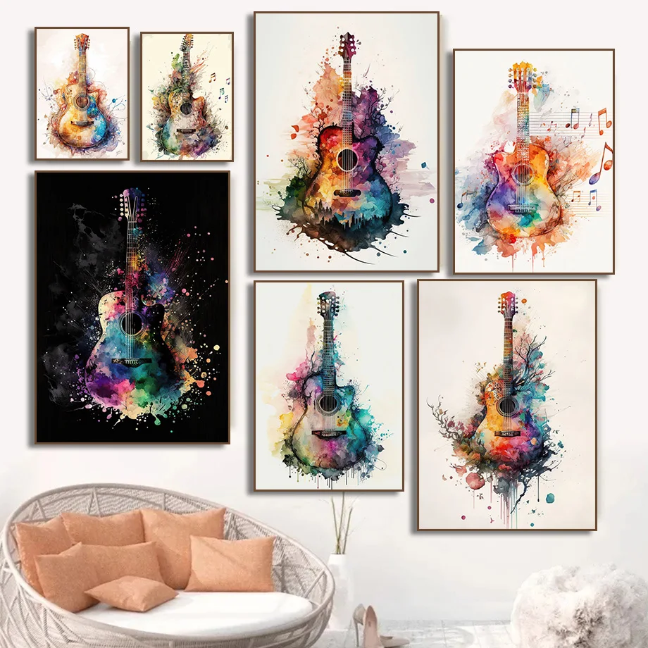 Picture Of Musical Instrument - (Çerçevesiz) Müzik Aleti Gitar, Suluboya Sanat